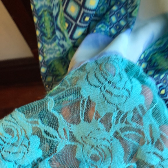 GlamDoll sz Med. Tent sundress teal, blue, green, and yellow/lace panels/lined - Picture 6 of 13